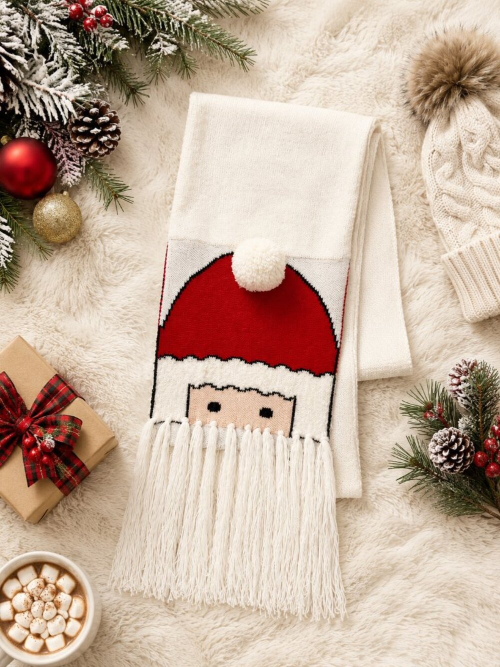 Santa Face Christmas Scarf White Knit Fringe Holiday Winter Accessory